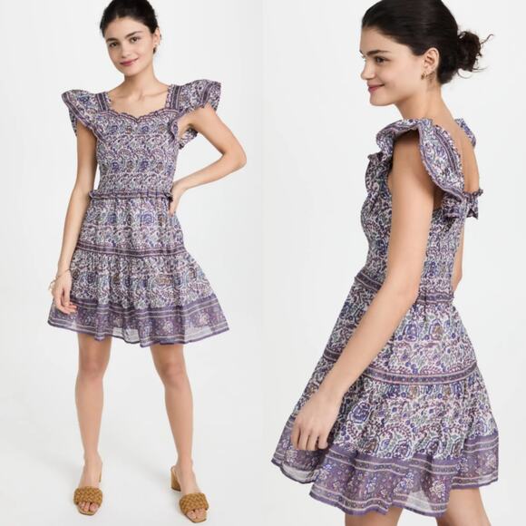 Sea Rosita Border Smocked Mini Dress Ruffled Purple Floral Size Large Preowned - Picture 1 of 12